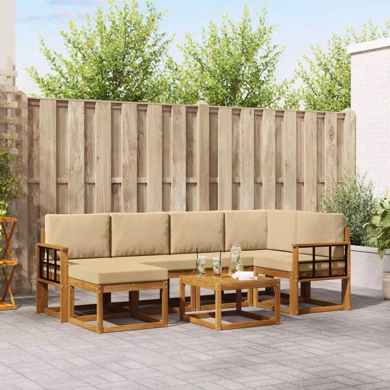 Set di divani da esterno vidaXL 7 pz in legno di acacia con cuscini, colore beige e marrone