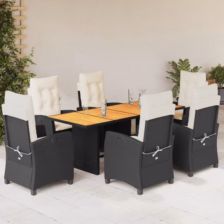 Set da pranzo da giardino vidaXL in legno di acacia oliato e polyrattan, 7 pezzi, nero e bianco