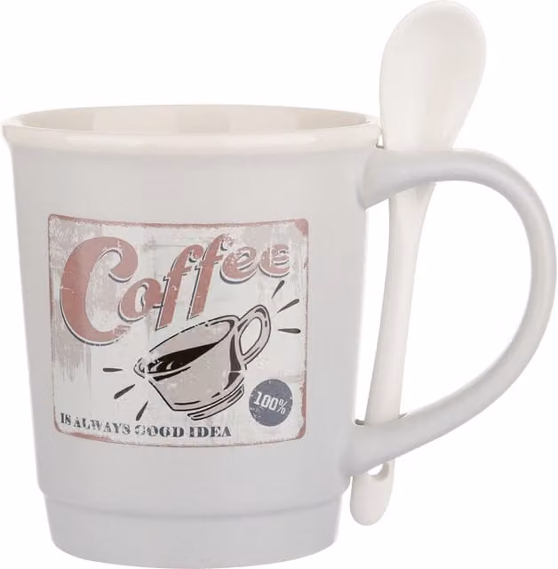 Mug da caffè KASANOVA in ceramica bone china grigia con cucchiaino, capacità 400 ml