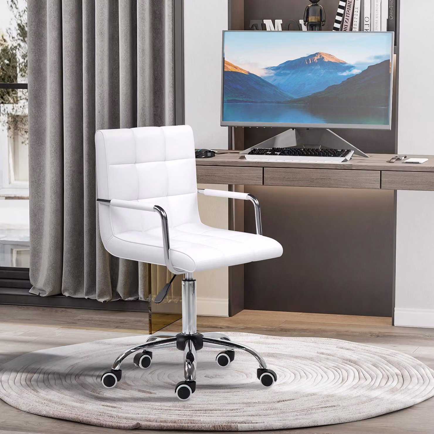 okwish Sedia da ufficio regolabile in altezza, sedia girevole da lavoro, letto imbottito con spessa imbottitura e comodi braccioli, sedia da scrittura con cinque rotelle, bianco
