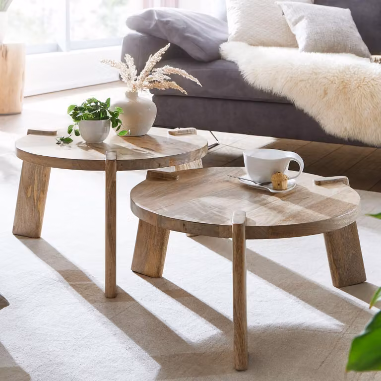 FineBuy set di 2 tavolini in legno massiccio di mango rotondi naturali - Tavolino da salotto di design giapponese - Tavolini fatti a mano in vero legno