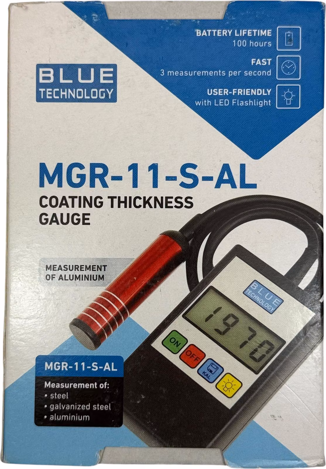 Misuratore di spessore del rivestimento Blue Technology | Misuratore di spessore della vernice | Tester di vernice per auto | MGR-11-S-AL Corpo in acciaio e alluminio | EU