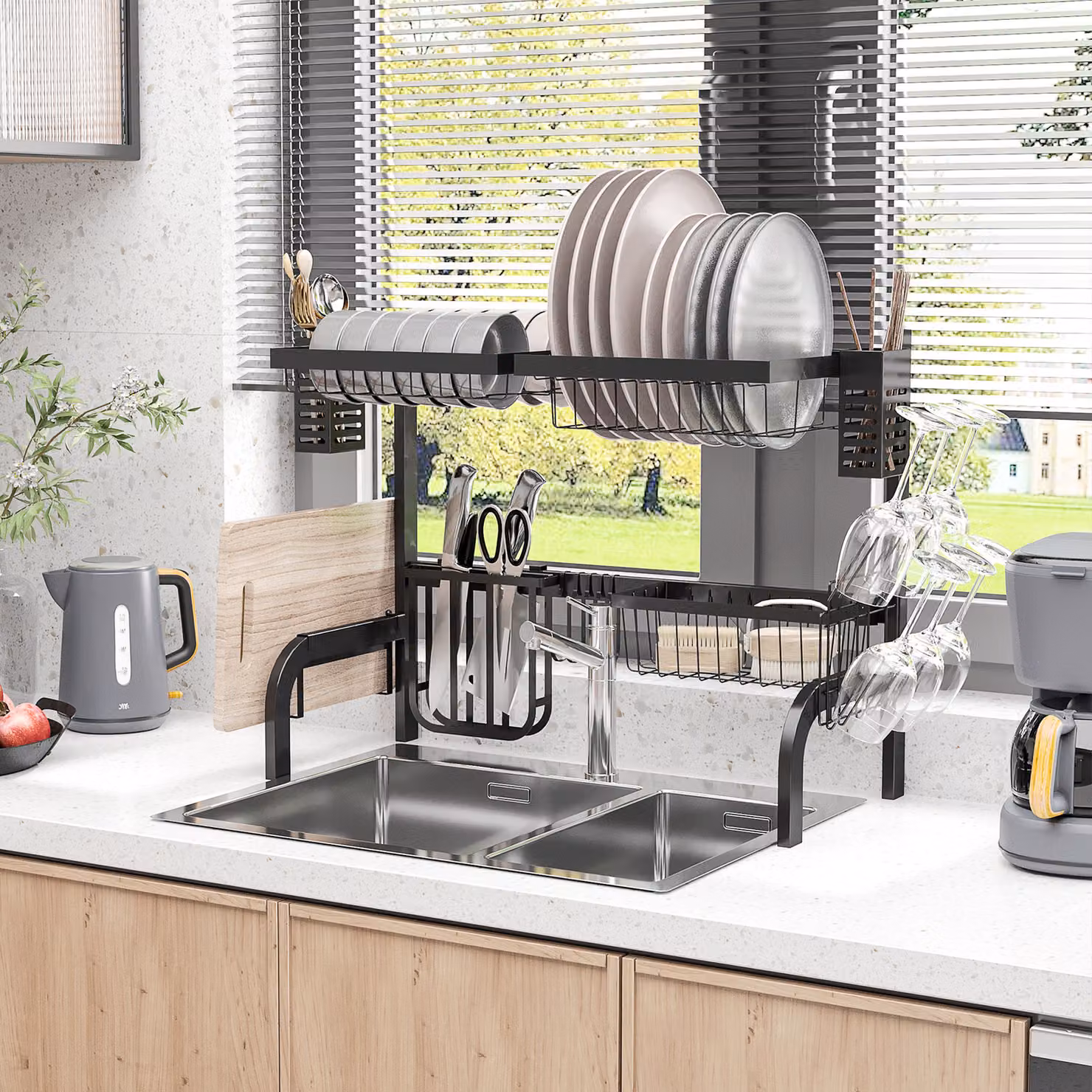 Scolapiatti da lavello modulabile a 2 livelli HOMCOM in acciaio nero, L: 65 cm, P: 31.5 cm, H: 52.5 cm – 2