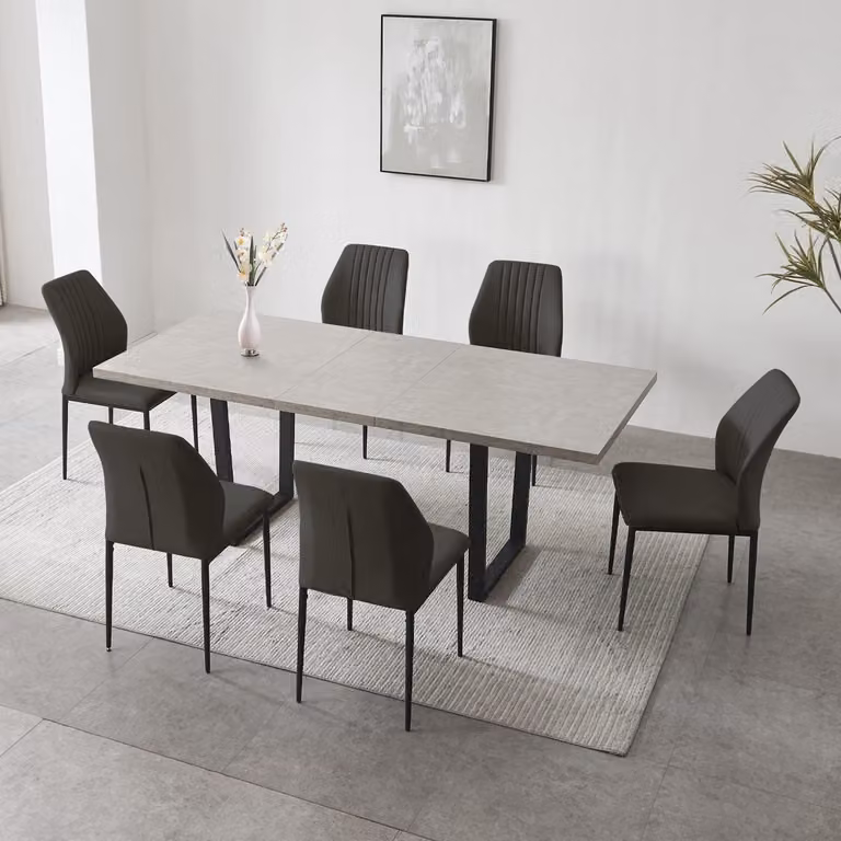 Tavolo da pranzo allungabile con 6 sedie, adatto per 6-8 persone, forma rettangolare, rivestito in ecopelle nera