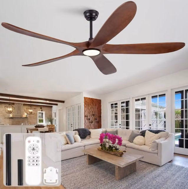 Ventilatore da soffitto 70 pollici con luce, pale in legno massello noce scuro, 6 velocità, dimmerabile, 3 tonalità luce, per camera e soggiorno