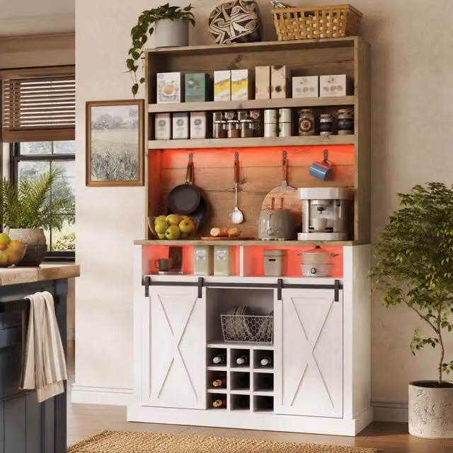 Mobile colonna da cucina Mivray con vetrina, illuminazione integrata e portabottiglie, bianco e beige, L/P/H: 110 x 40 x 191 cm – 1