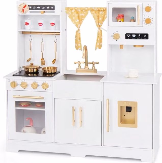 Cucina Giocattolo in Legno COSTWAY con Forno, Microonde e Macchina del Caffè, Bianco
