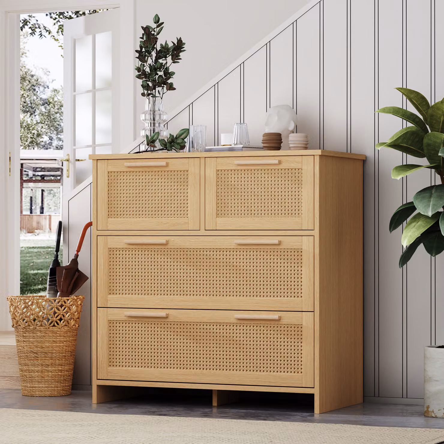 Cassettiera Merax con 4 cassetti, credenza in rattan, maniglie in legno massiccio, comò per camera da letto, soggiorno, 80x38x80cm, natura