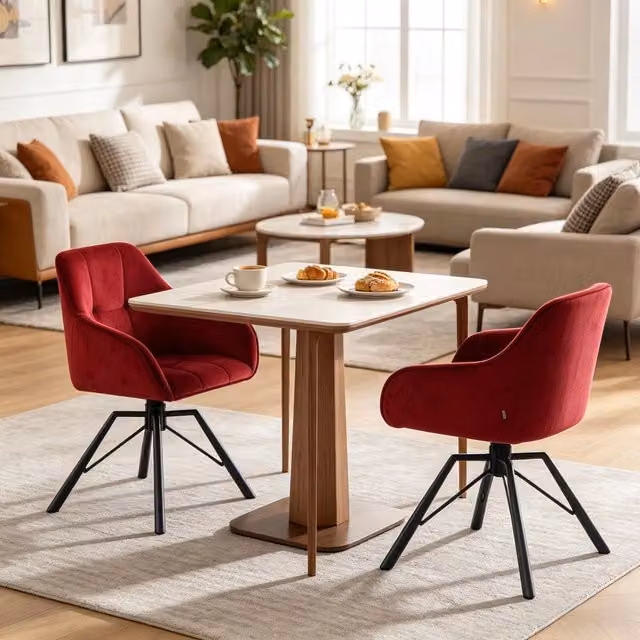 Set di 2 sedie da pranzo girevoli Mivray in velluto rosso con braccioli e gambe in metallo H: 82,5 cm, L: 58,5 cm, P: 54,5 cm