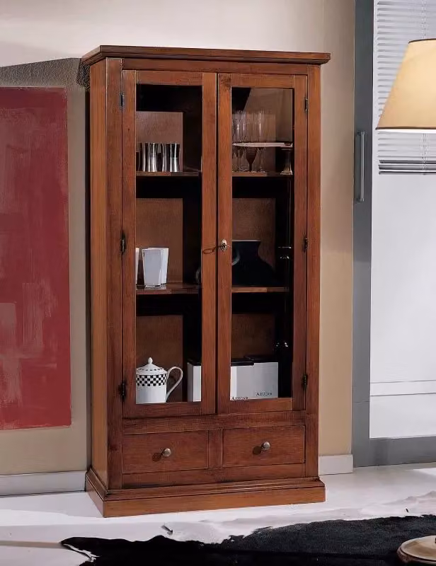 Vetrina classica in legno di pino con ante in vetro e 2 cassetti color noce Mobili 2G L/P/H: 90 x 40 x 160 cm – 2