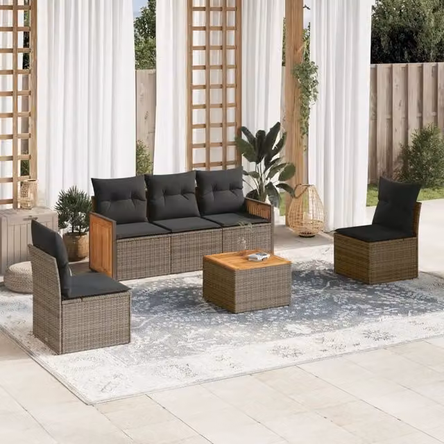 Set da giardino moderno vidaXL composto da 6 pezzi in polyrattan grigio con cuscini inclusi e tavolino da esterno – 1