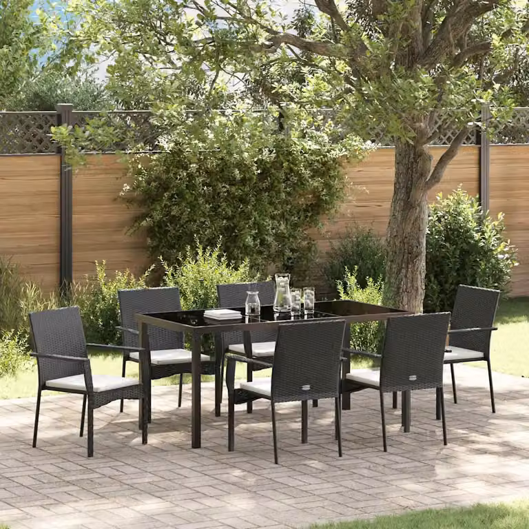 Set da pranzo per giardino e terrazzo vidaXL in polyrattan nero con tavolo in vetro e 7 pezzi