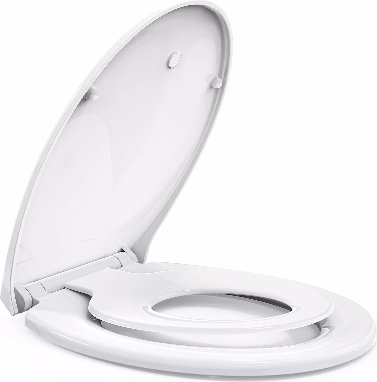 Copertura per WC con chiusura delicata, colore bianco, con sistema di fissaggio rapido. Sedile WC per famiglie con sistema di montaggio superiore e sedile integrato per bambini