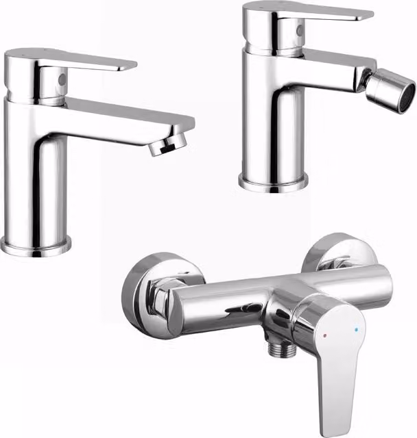 Set di miscelatori Jane per lavabo e bidet senza scarico ed esterno doccia in ottone cromato argento