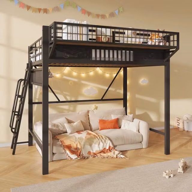 Letto a soppalco 140 × 200 cm 2 posti in metallo con vani laterali e spazio inferiore aperto, senza materasso, nero