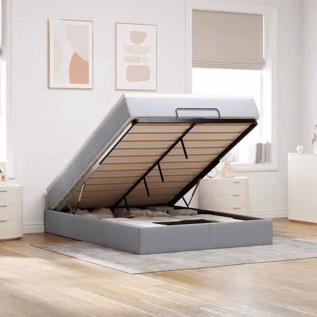 Letto con contenitore a sollevamento vidaXL in tessuto grigio e bianco con materasso L: 140 cm, P: 190 cm, H: 28 cm – 1
