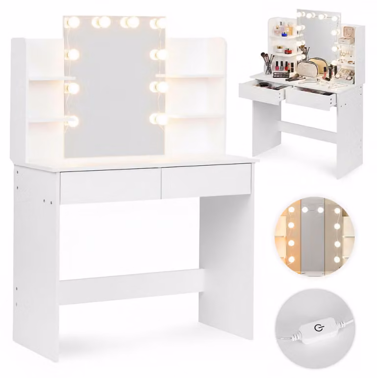 ModernHome FH-DT220108: Comodino da trucco moderno con specchio a LED e poggiapiedi, colore bianco