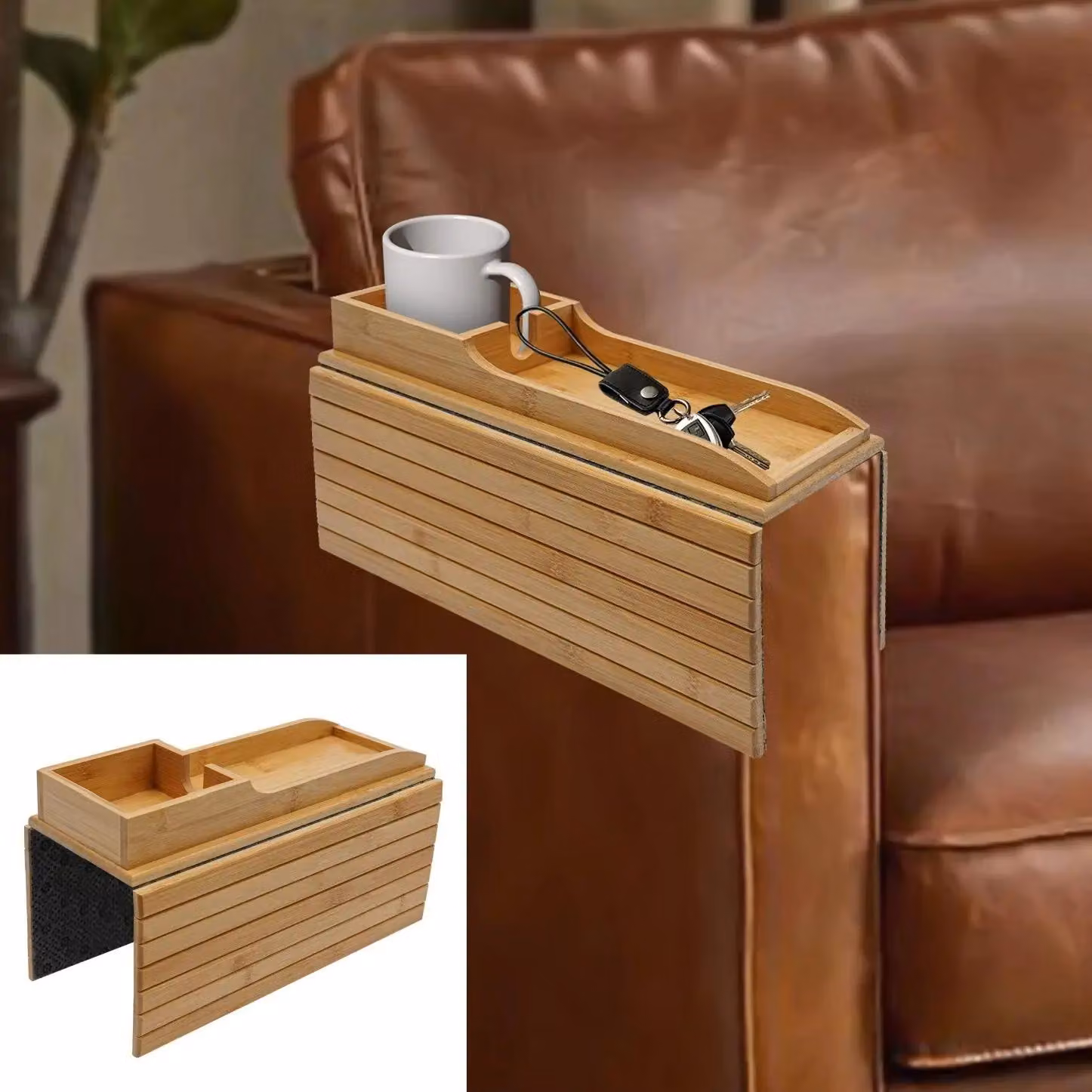 Tavolino in bambù - Tavolino da soggiorno - Rettangolare - Flessibile - Portabicchieri da 9,4 cm - 41,5 x 34 cm - Stile moderno - Colore legno