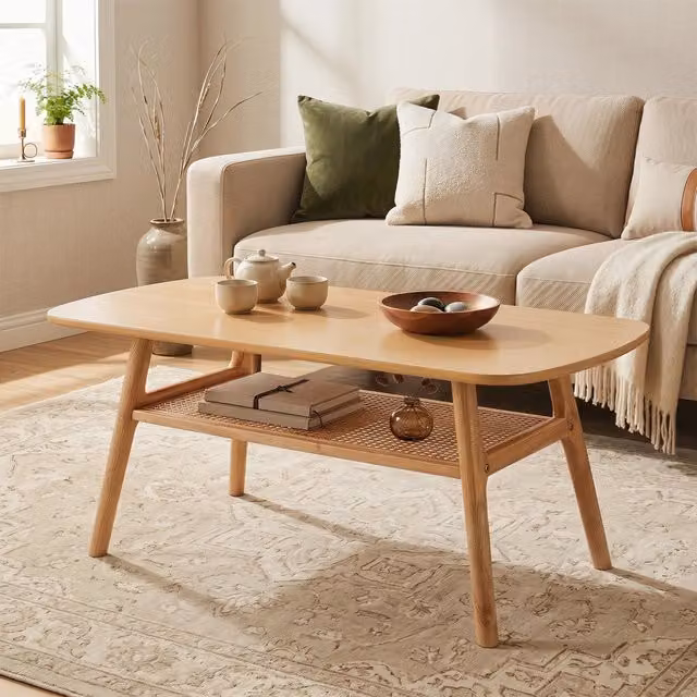 Tavolo da caff¨¨ a 2 livelli con ripiano aperto in rattan e piedini antiscivolo, Tavolino basso quadrato per soggiorno e camera da letto Naturale