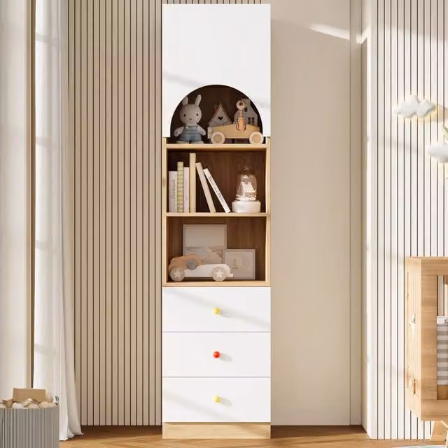 Libreria Singularty con ante a battente, cassetti e ripiani interni, finitura effetto legno opaco, ideale per cameretta o camera da letto, H: 200 cm, L: 50 cm, P: 44,5 cm – 1