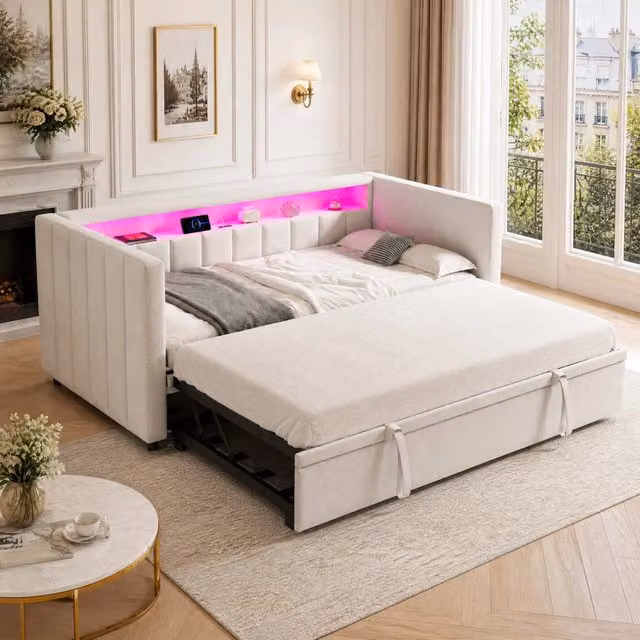 Divano letto estraibile 90x190 cm in velluto beige con LED; USB Type-C e struttura legno-metallo