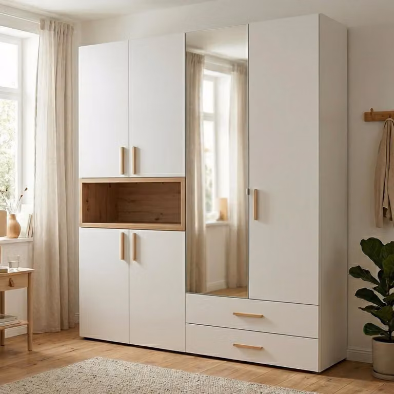 Dmora Guardaroba Grande Merlino 179x227h cm Bianco, 4 Ripiani 2 Cassetti