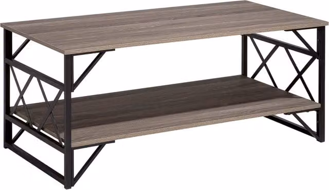 Tavolino da caffè Beliani in stile industrial con piano in legno color rovere e struttura in metallo nero, L: 120 cm, P: 60 cm, H: 40 cm – 1