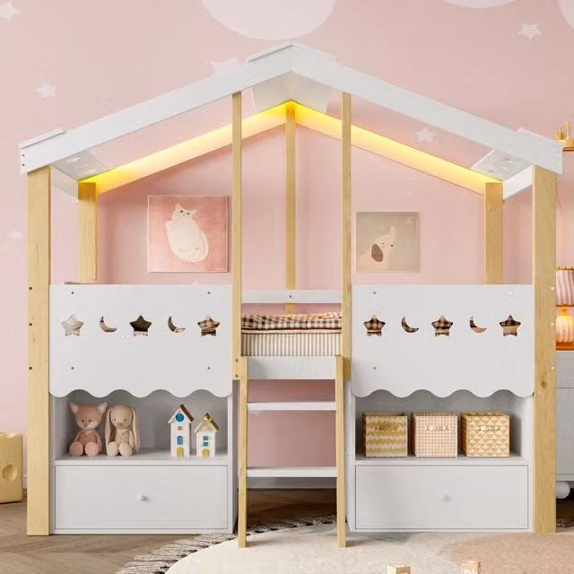 Letto casetta per bambini 90x200 cm rialzato con 2 cassetti e LED; in pino; MDF e multistrato; bianco e naturale