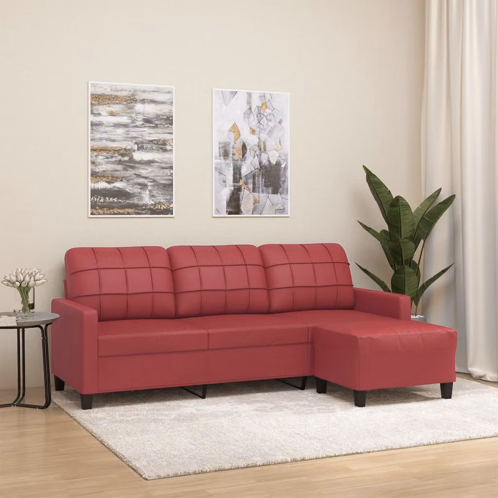 vidaXL Divano a 3 Posti con Poggiapiedi Rosso in Similpelle e Schiuma L/P/H: 198 x 80 x 77 cm