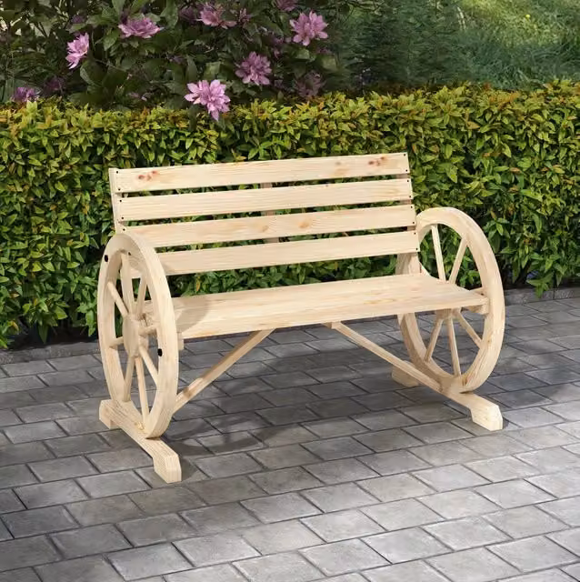Panca da giardino ULEVR 2 posti in legno massello di abete, stile rustico con braccioli a ruota di carro, naturale