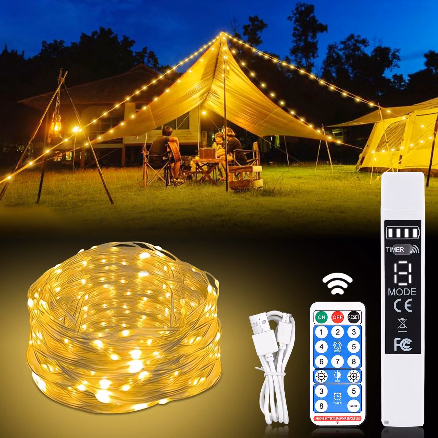 Catena luminosa a LED per campeggio, 10 metri, 8 modalità, luce bianco caldo, alimentazione a batteria