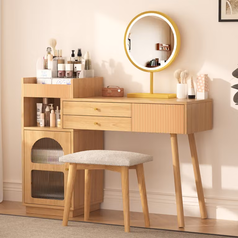 okwish tavolo cosmetico Specchio LED e illuminazione a 3 colori, mobiletto laterale e 3 cassetti, set tavolo da trucco (senza sgabello), L120/H90/T40cm