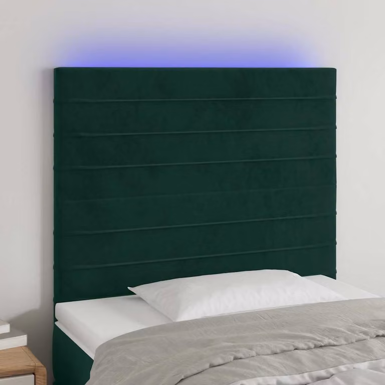 Testiera per letto vidaXL in velluto verde scuro con illuminazione LED integrata e porta di ricarica USB, L: 128 cm, H: 118 cm, P: 80 cm, Spessore: 5 cm