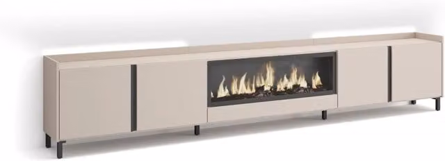 Mobile TV Soggiorno, 315x61x35 cm, Per TV fino a 80", Camino elettrico XXL, Design industriale, LED, Beige