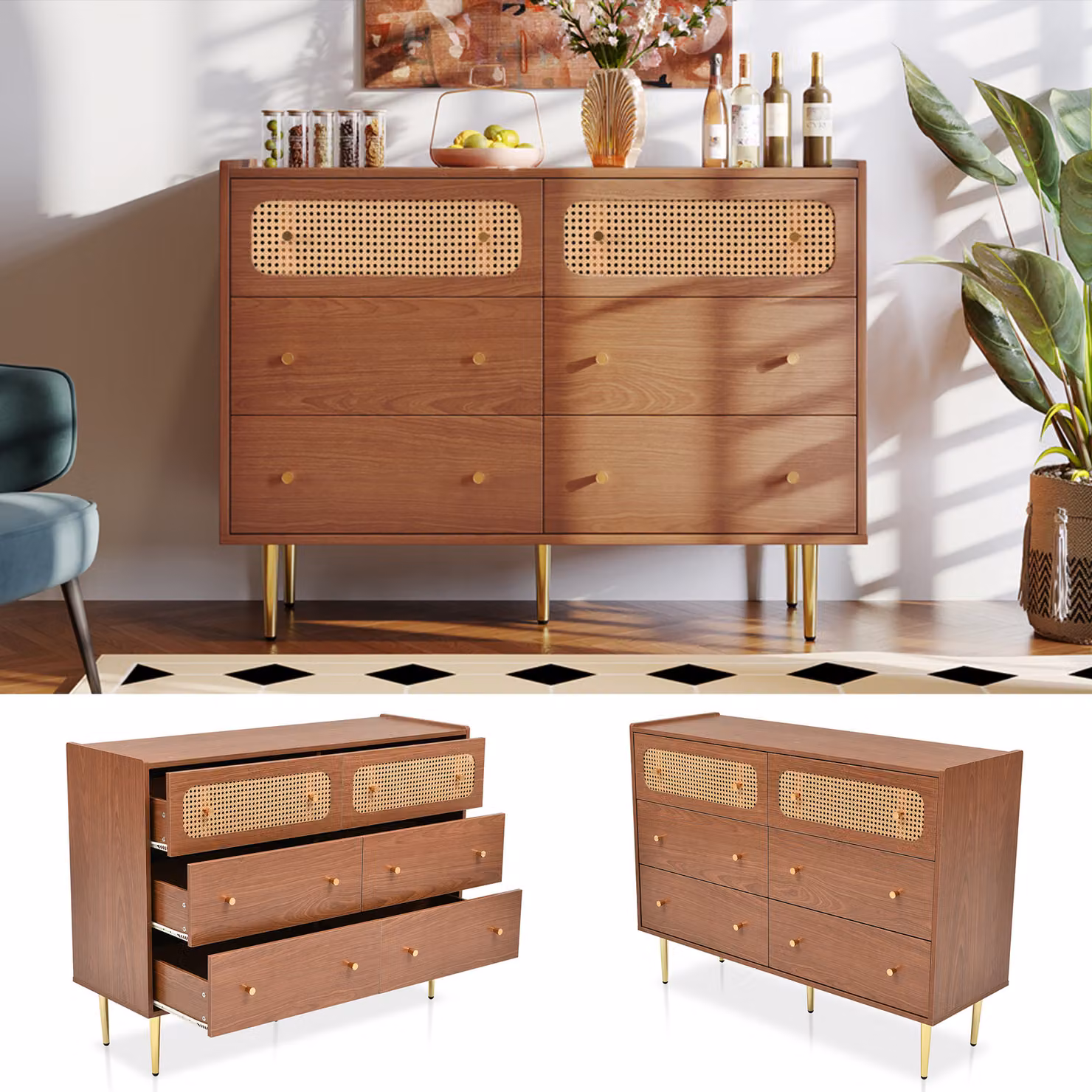 Sweiko cassettiera con 6 cassetti, credenza in rattan per camera da letto e tutti i soggiorni, noce -H90/B120/T40 cm