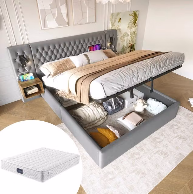 Letto matrimoniale MODFU con contenitore a sollevamento, rivestimento in velluto grigio, luci da lettura integrate, mensole e porte USB/Type-C, L/P: 160 x 200 cm