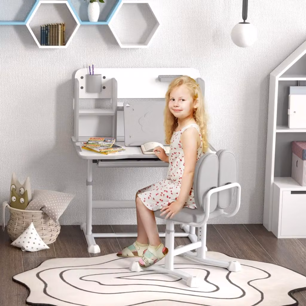 Set Scrivania e Sedia per Bambini GIORDANOSHOP con Piano Inclinabile e Altezza Regolabile, Grigio, Bianco e Multicolore – 2