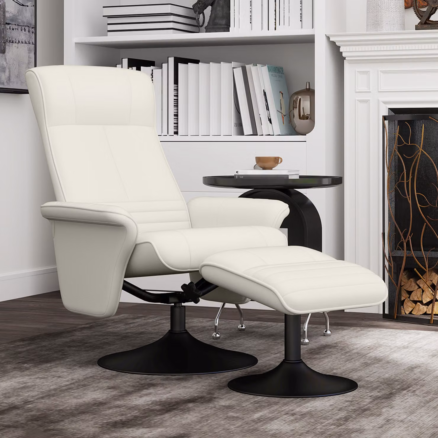Poltrona relax HOMCOM con pouf girevole ed ergonomica in microfibra, bianco crema – 2