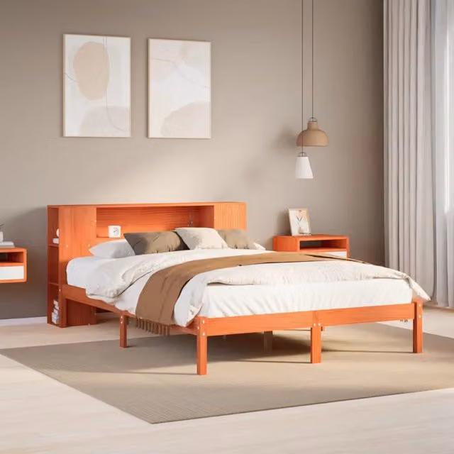 Letto Libreria senza Materasso-Struttura Letto con contenitore Marrone Cera 150x200 cm in Pino 738636