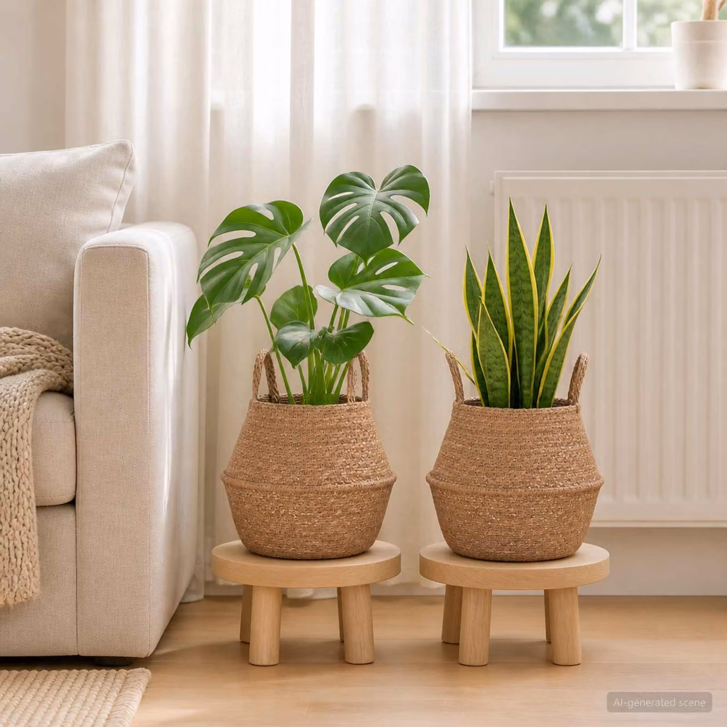 Set di 2 vasi da fiori con manici vidaXL in rattan, colore beige e marrone, Ø: 22 cm, H: 20 cm