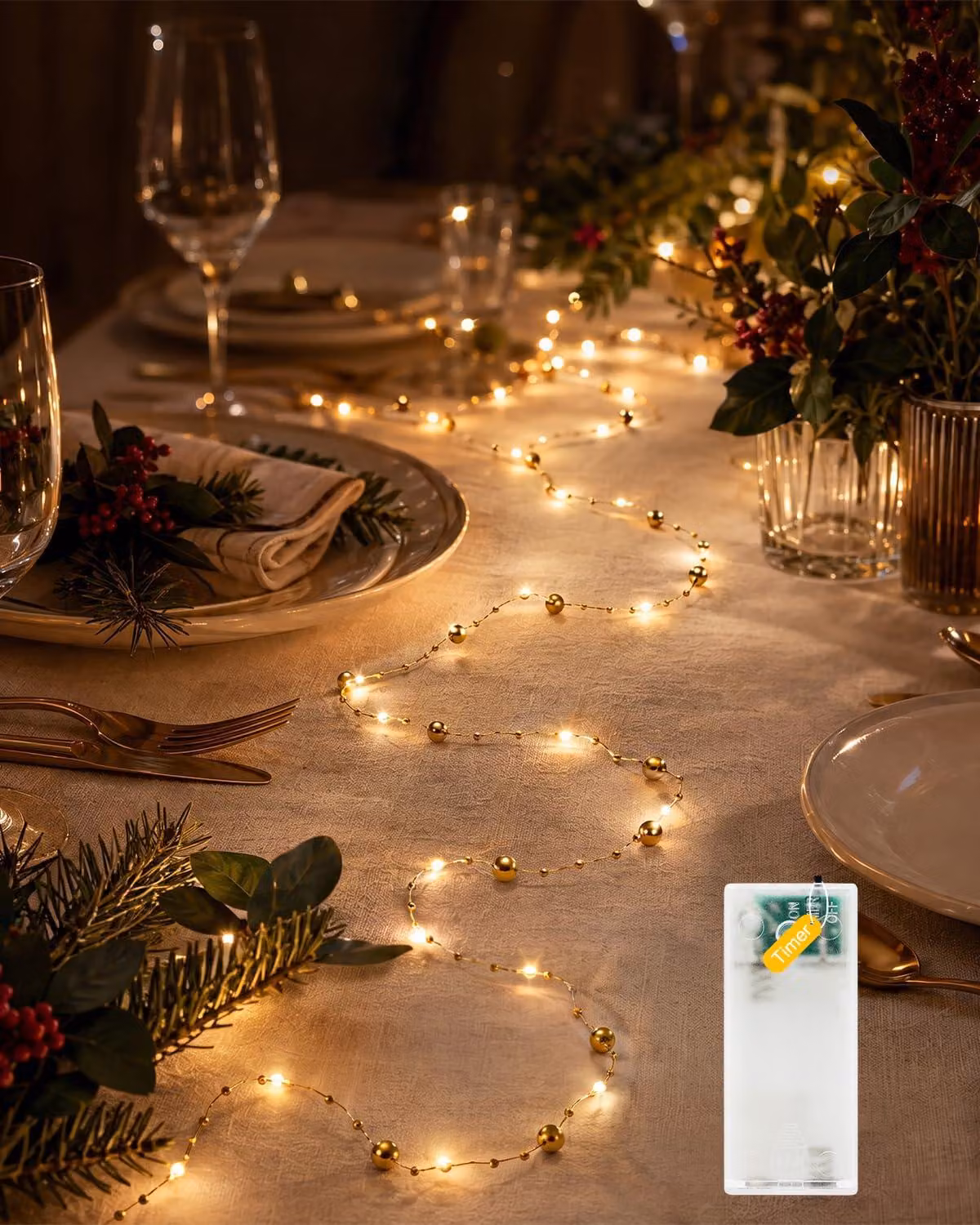 Catena luminosa a forma di perle, 2 metri, 20 LED bianco caldo, con timer, color oro
