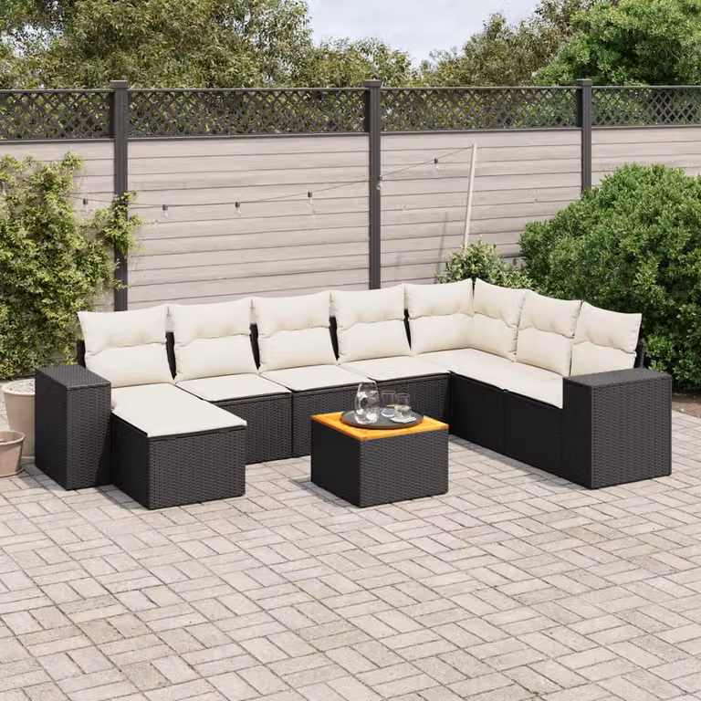 vidaXL Set Divani da Giardino 9 pz a Forma a L in Polyrattan Nero con Cuscini e Tavolino