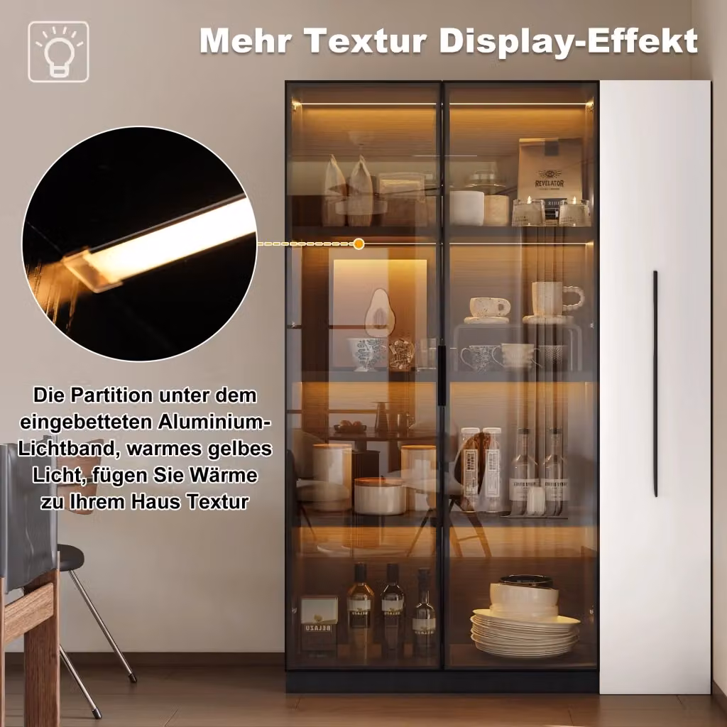 Armadio libreria e vetrina REDOM con LED, nero e bianco, L: 110,5 cm, P: 35 cm, H: 160 cm – 2
