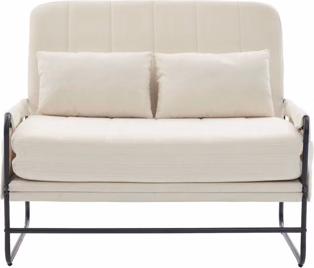 Divano letto a due posti pieghevole in chenille beige con struttura metallica, soluzione salvaspazio per casa e ufficio
