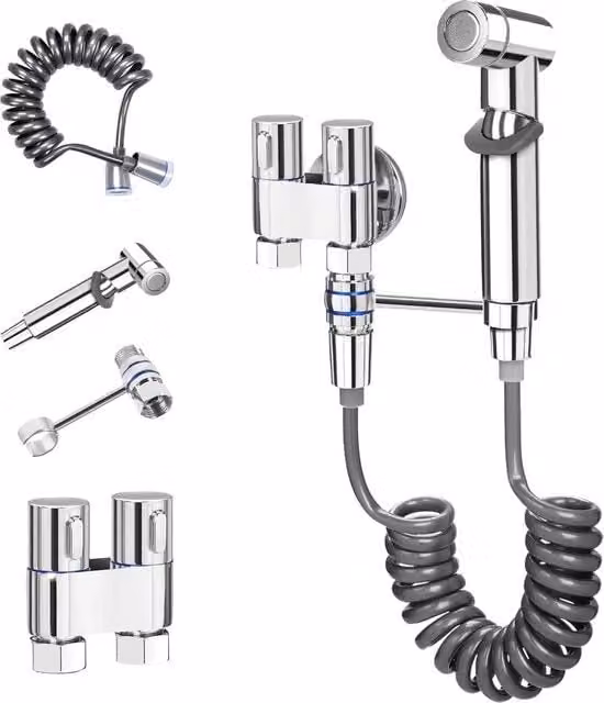 Bidet con sferbutoio con contenitore e dispenser - 15m tubo - Acciaio - Pulizia bagno - Disinfettante per animali di casa