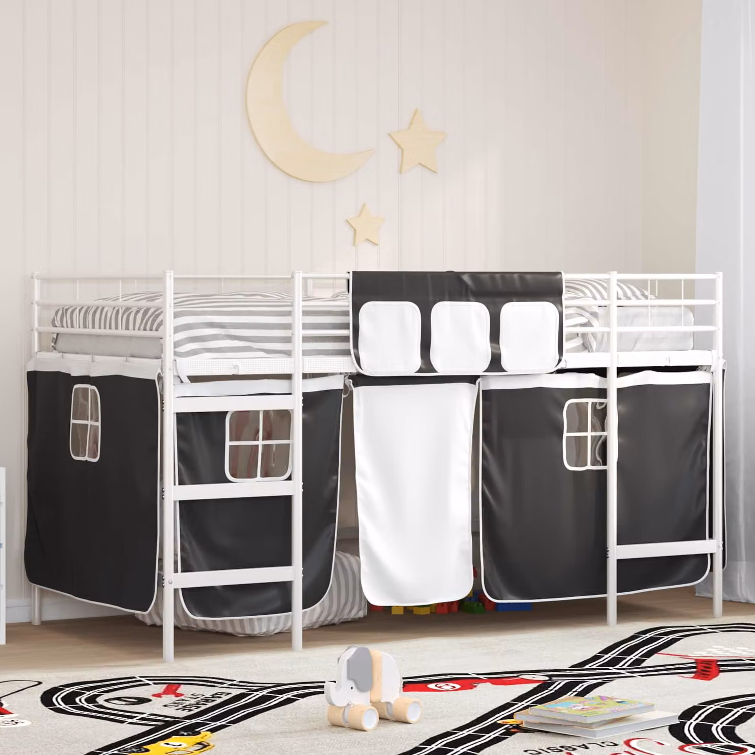 vidaXL Letto a castello per bambini in metallo con tendine Bianco e Nero L/P/H: 190 x 90 x 205 cm – 1