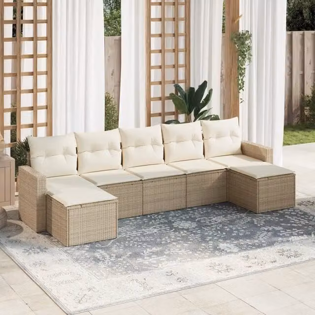 Set di divani da giardino VIDAXL in polyrattan con cuscini beige, 7 pezzi, stile moderno