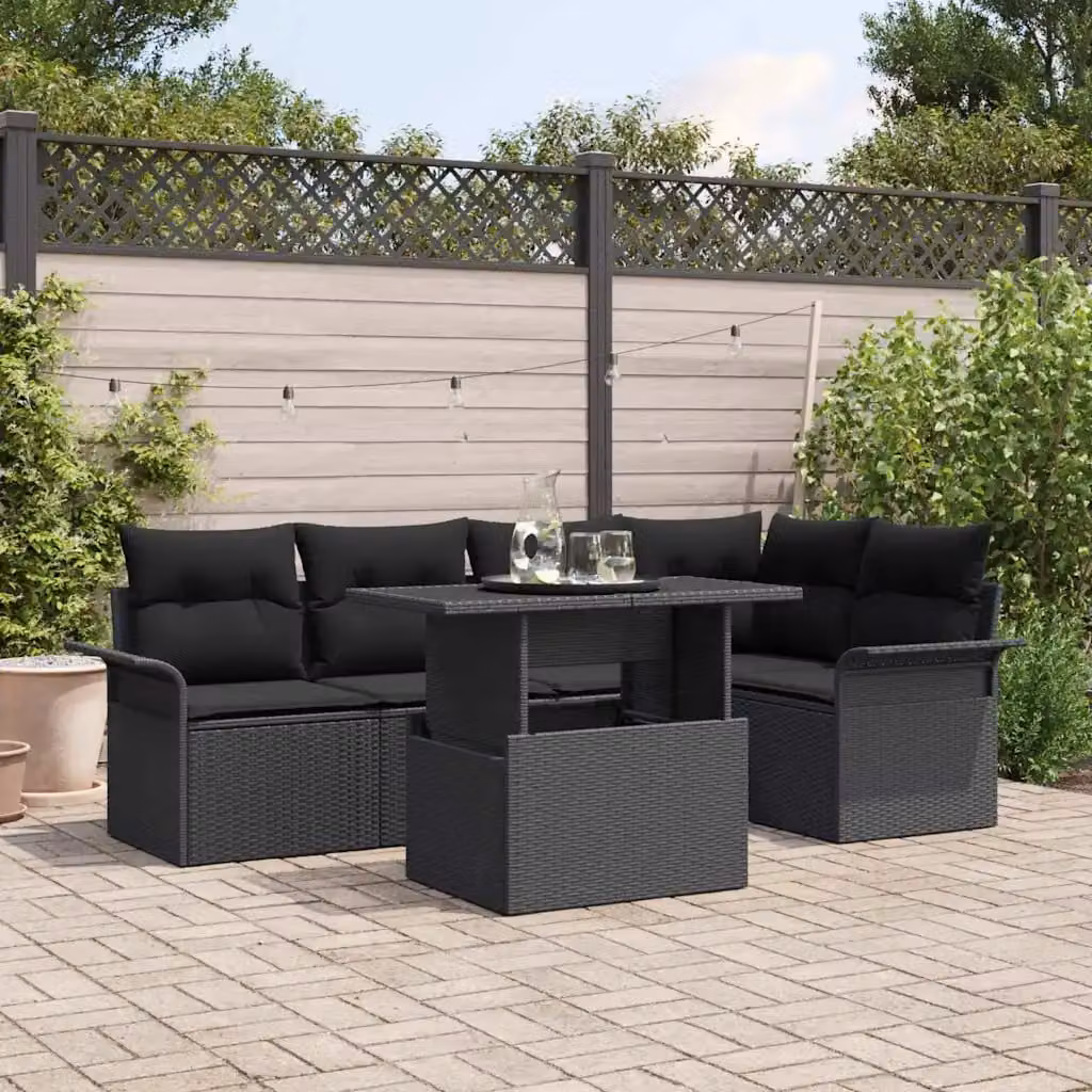Set Divano da Giardino vidaXL 6 Pezzi in Polyrattan Nero con Cuscini e Tavolino Moderno a Forma di L – 1