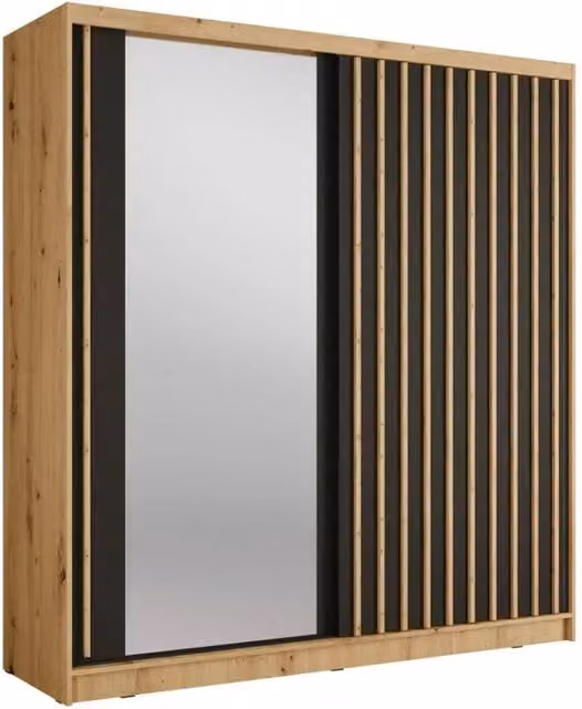 Armadio KAZU a 2 porte scorrevoli con specchio in rovere e grigio grafite 205 cm
