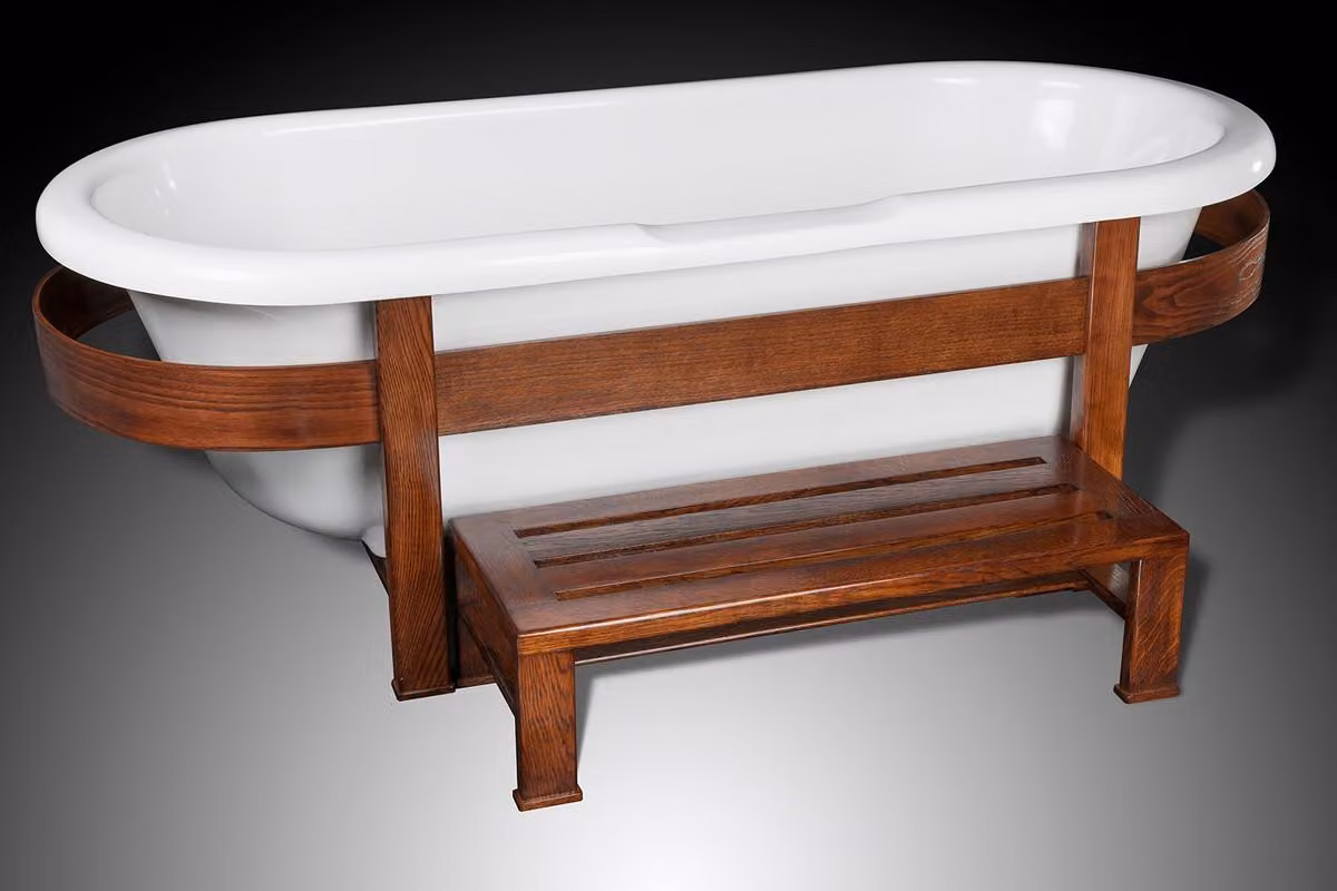 Casa Padrino vasca da bagno retrò bianco/marrone scuro 178 x 76 x H. 73 cm - Vasca da bagno autoportante con struttura in legno e gradino - Arredo bagno retrò
